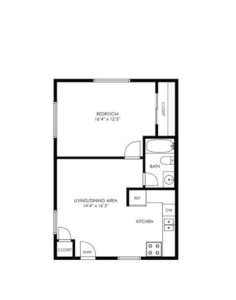 A floor plan of a small apartment with a bedroom, living/dining area, kitchen, bath, and closet.